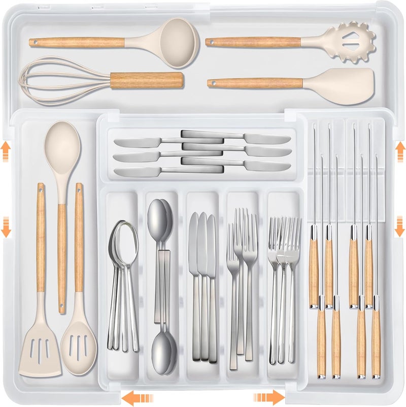 Homecor Silverware Organizer for Kitchen Drawer, Expandable Utensil Drawer Organizer with 2 Knife Block, Flatware and Cutlery Holder, Adjustable Plastic Storage for Spoons Forks Knives - Image 1